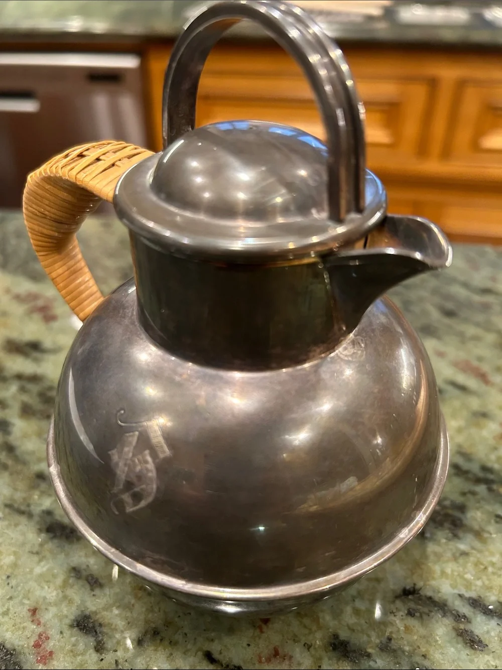 Antique E.G. Webster Silver Plate Personal Teapot Wicker Rattan Handle Monogram
